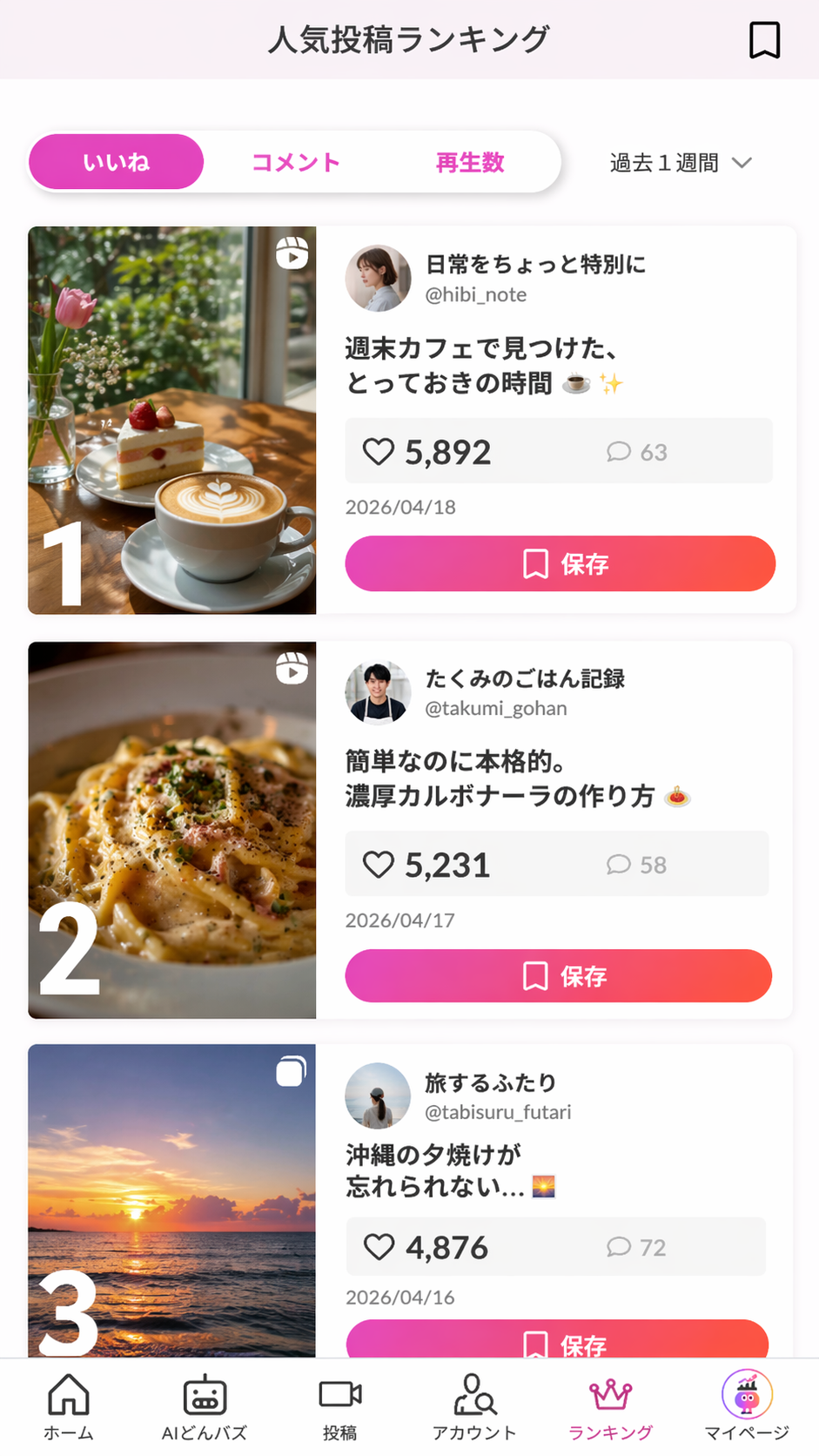 人気投稿ランキング画面